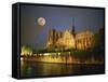 Notre Dame Cathedral at Night, with Moon Rising Above, Paris, France, Europe-Howell Michael-Framed Stretched Canvas