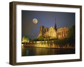 Notre Dame Cathedral at Night, with Moon Rising Above, Paris, France, Europe-Howell Michael-Framed Photographic Print