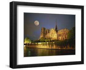 Notre Dame Cathedral at Night, with Moon Rising Above, Paris, France, Europe-Howell Michael-Framed Photographic Print