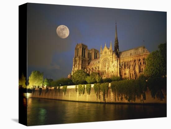 Notre Dame Cathedral at Night, with Moon Rising Above, Paris, France, Europe-Howell Michael-Stretched Canvas