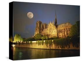 Notre Dame Cathedral at Night, with Moon Rising Above, Paris, France, Europe-Howell Michael-Stretched Canvas