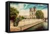 Notre Dame Cathedral in Paris, France and the Seine River Embankment on a Sunny Day. Vintage-Michal Bednarek-Framed Stretched Canvas