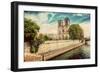 Notre Dame Cathedral in Paris, France and the Seine River Embankment on a Sunny Day. Vintage-Michal Bednarek-Framed Photographic Print