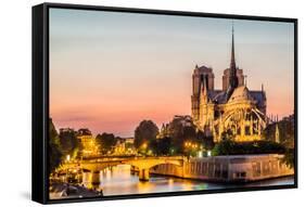 Notre Dame De Paris by Night and the Seine River France in the City of Paris in France-OSTILL-Framed Stretched Canvas