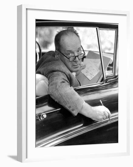 Novelist Vladimir Nabokov Looking Out of Car Window, Likes to Work in the Car-Carl Mydans-Framed Premium Photographic Print