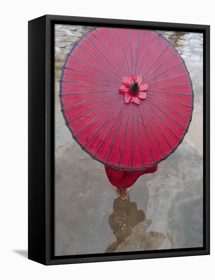 Novice Monk Holding Alms Woks with Red Umbrella, Bagan, Myanmar-Keren Su-Framed Stretched Canvas