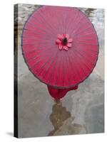 Novice Monk Holding Alms Woks with Red Umbrella, Bagan, Myanmar-Keren Su-Stretched Canvas