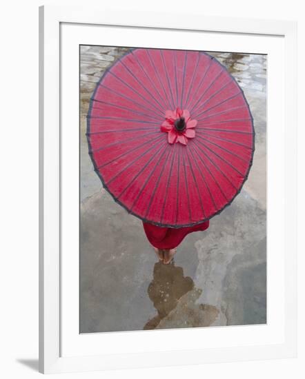 Novice Monk Holding Alms Woks with Red Umbrella, Bagan, Myanmar-Keren Su-Framed Photographic Print