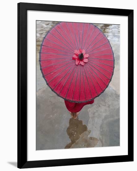 Novice Monk Holding Alms Woks with Red Umbrella, Bagan, Myanmar-Keren Su-Framed Photographic Print