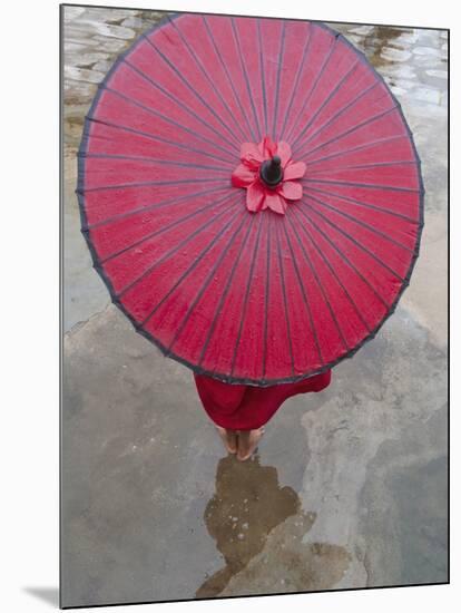 Novice Monk Holding Alms Woks with Red Umbrella, Bagan, Myanmar-Keren Su-Mounted Photographic Print