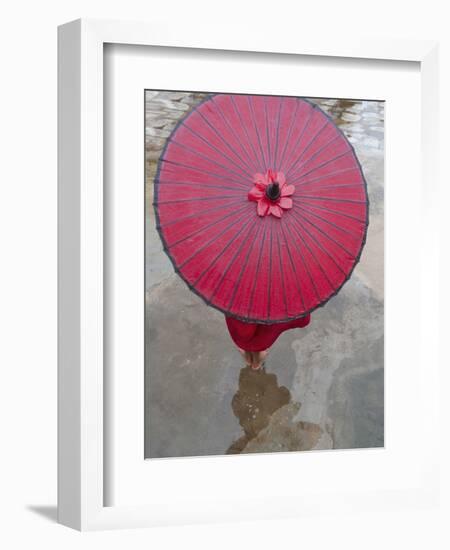 Novice Monk Holding Alms Woks with Red Umbrella, Bagan, Myanmar-Keren Su-Framed Photographic Print