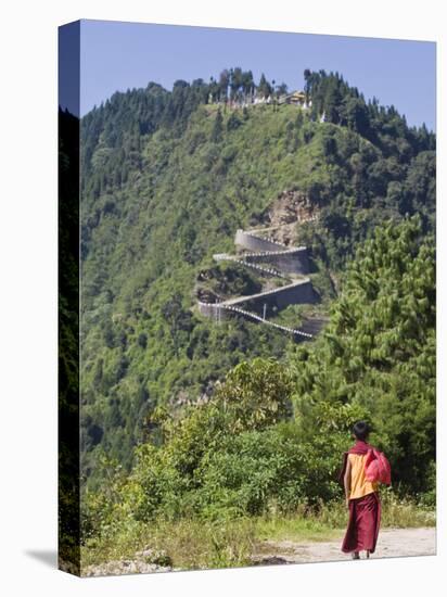 Novice Monk Walking Along Road to Sangachoeling Gompa, Pelling, Sikkim, India-Jane Sweeney-Stretched Canvas