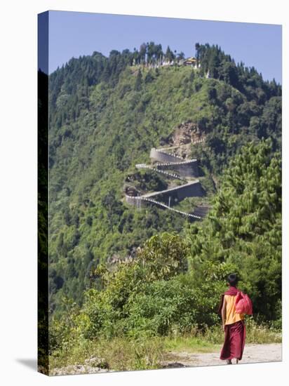 Novice Monk Walking Along Road to Sangachoeling Gompa, Pelling, Sikkim, India-Jane Sweeney-Stretched Canvas