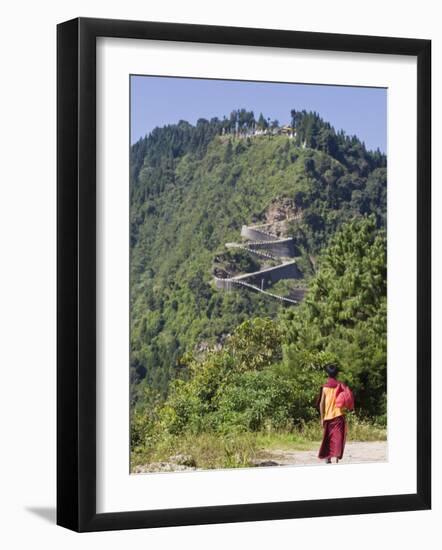 Novice Monk Walking Along Road to Sangachoeling Gompa, Pelling, Sikkim, India-Jane Sweeney-Framed Photographic Print