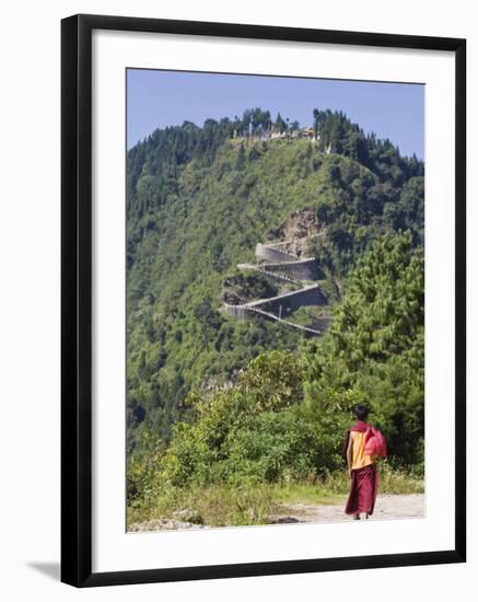 Novice Monk Walking Along Road to Sangachoeling Gompa, Pelling, Sikkim, India-Jane Sweeney-Framed Photographic Print