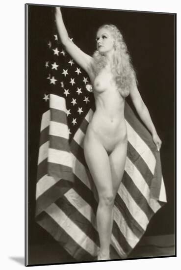 Nude Blonde with U.S. Flag-null-Mounted Art Print