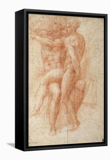 Nude Female Seated on the Knees of a Seated Male Nude: Adam and Eve-Michelangelo Buonarroti-Framed Stretched Canvas