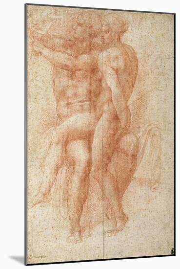 Nude Female Seated on the Knees of a Seated Male Nude: Adam and Eve-Michelangelo Buonarroti-Mounted Giclee Print