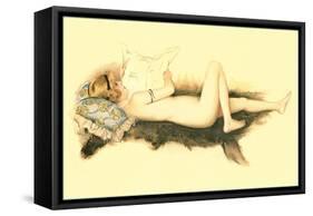 Nude Reading Newspaper on Bearskin Rug-null-Framed Stretched Canvas