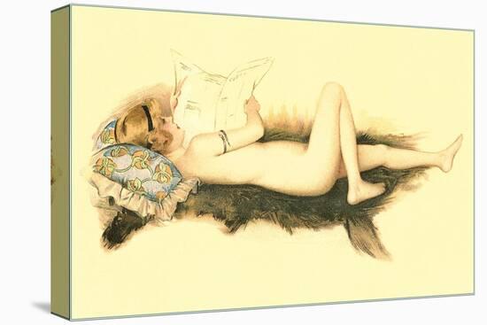 Nude Reading Newspaper on Bearskin Rug-null-Stretched Canvas
