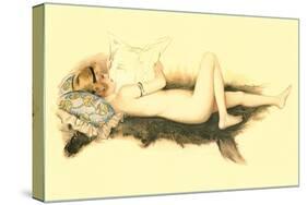 Nude Reading Newspaper on Bearskin Rug-null-Stretched Canvas