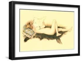 Nude Reading Newspaper on Bearskin Rug-null-Framed Art Print