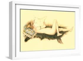 Nude Reading Newspaper on Bearskin Rug-null-Framed Art Print