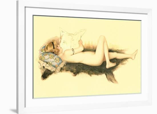 Nude Reading Newspaper on Bearskin Rug-null-Framed Premium Giclee Print