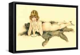 Nude Sipping Drink on Bearskin Rug-null-Framed Stretched Canvas