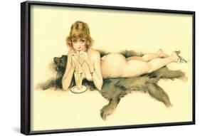 Nude Sipping Drink on Bearskin Rug-null-Framed Art Print