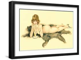 Nude Sipping Drink on Bearskin Rug-null-Framed Art Print