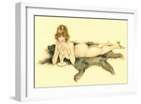 Nude Sipping Drink on Bearskin Rug-null-Framed Art Print