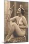 Nude Woman in Pearls with Small Mirror-null-Mounted Art Print