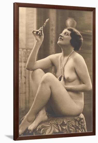 Nude Woman in Pearls with Small Mirror-null-Framed Art Print