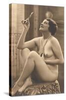 Nude Woman in Pearls with Small Mirror-null-Stretched Canvas