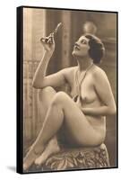 Nude Woman in Pearls with Small Mirror-null-Framed Stretched Canvas