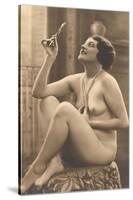 Nude Woman in Pearls with Small Mirror-null-Stretched Canvas