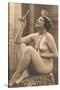 Nude Woman in Pearls with Small Mirror-null-Stretched Canvas