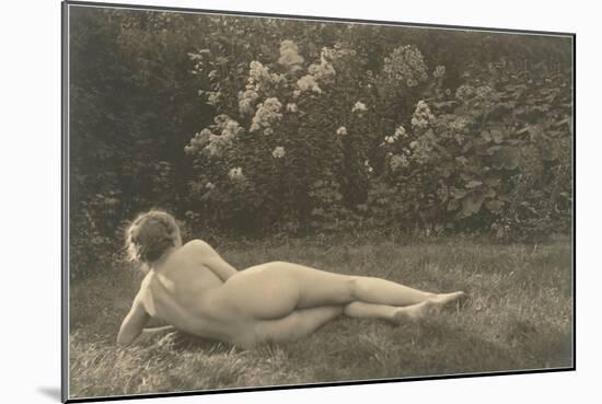 Nude Woman on Grass with Hedges-null-Mounted Art Print