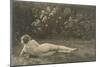 Nude Woman on Grass with Hedges-null-Mounted Art Print