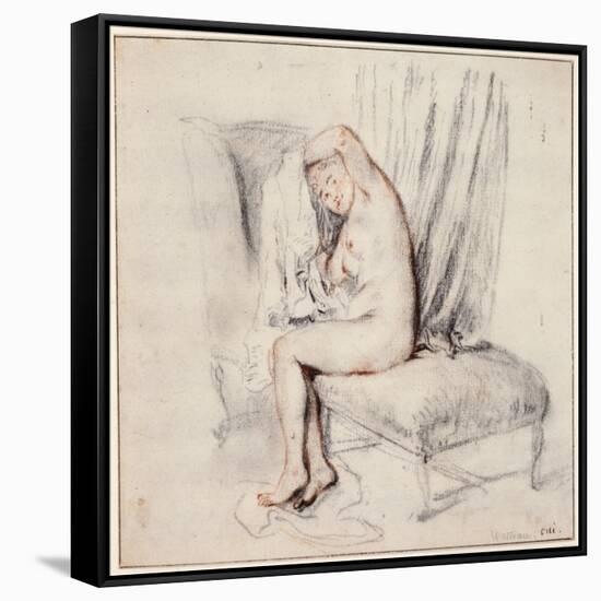 Nude Woman Sitting on a Chaise Longue, Putting on Her Shirt, 18th Century-Jean-Antoine Watteau-Framed Stretched Canvas