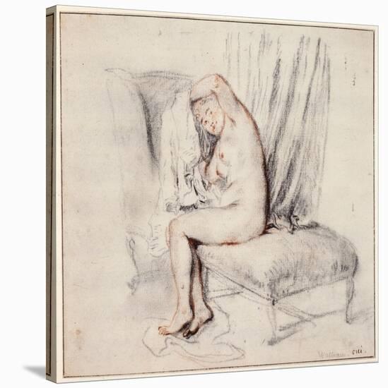 Nude Woman Sitting on a Chaise Longue, Putting on Her Shirt, 18th Century-Jean-Antoine Watteau-Stretched Canvas