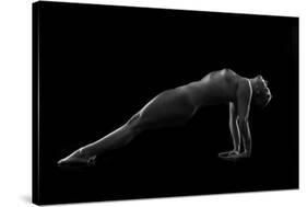 Nude woman with tattoos in yoga pose against black background-Panoramic Images-Stretched Canvas