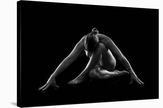 Nude woman with tattoos in yoga pose against black background-Panoramic Images-Stretched Canvas