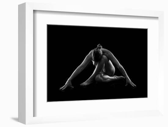 Nude woman with tattoos in yoga pose against black background-Panoramic Images-Framed Photographic Print