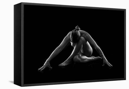 Nude woman with tattoos in yoga pose against black background-Panoramic Images-Framed Stretched Canvas