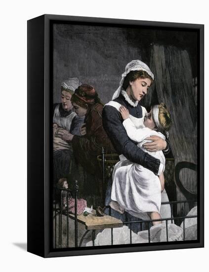 Nurse Holding Sick Child in the Children's Hospital, London, 1880s-null-Framed Stretched Canvas