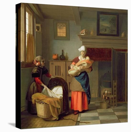 Nursemaid with Baby in an Interior and a Young Girl Preparing the Cradle-Pieter de Hooch-Stretched Canvas