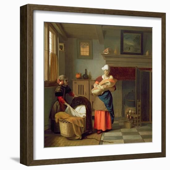 Nursemaid with Baby in an Interior and a Young Girl Preparing the Cradle-Pieter de Hooch-Framed Giclee Print