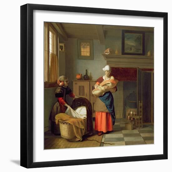 Nursemaid with Baby in an Interior and a Young Girl Preparing the Cradle-Pieter de Hooch-Framed Giclee Print